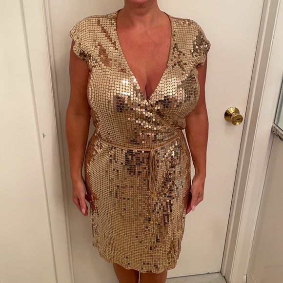 Dresses | Gold Sequin Michael Kors Wrap Dress | Poshmark